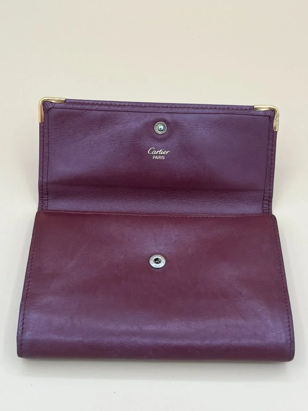 Cartier Paris Vintage Bordeaux Leather Long Trifold Wallet Gold Corners Kisslock